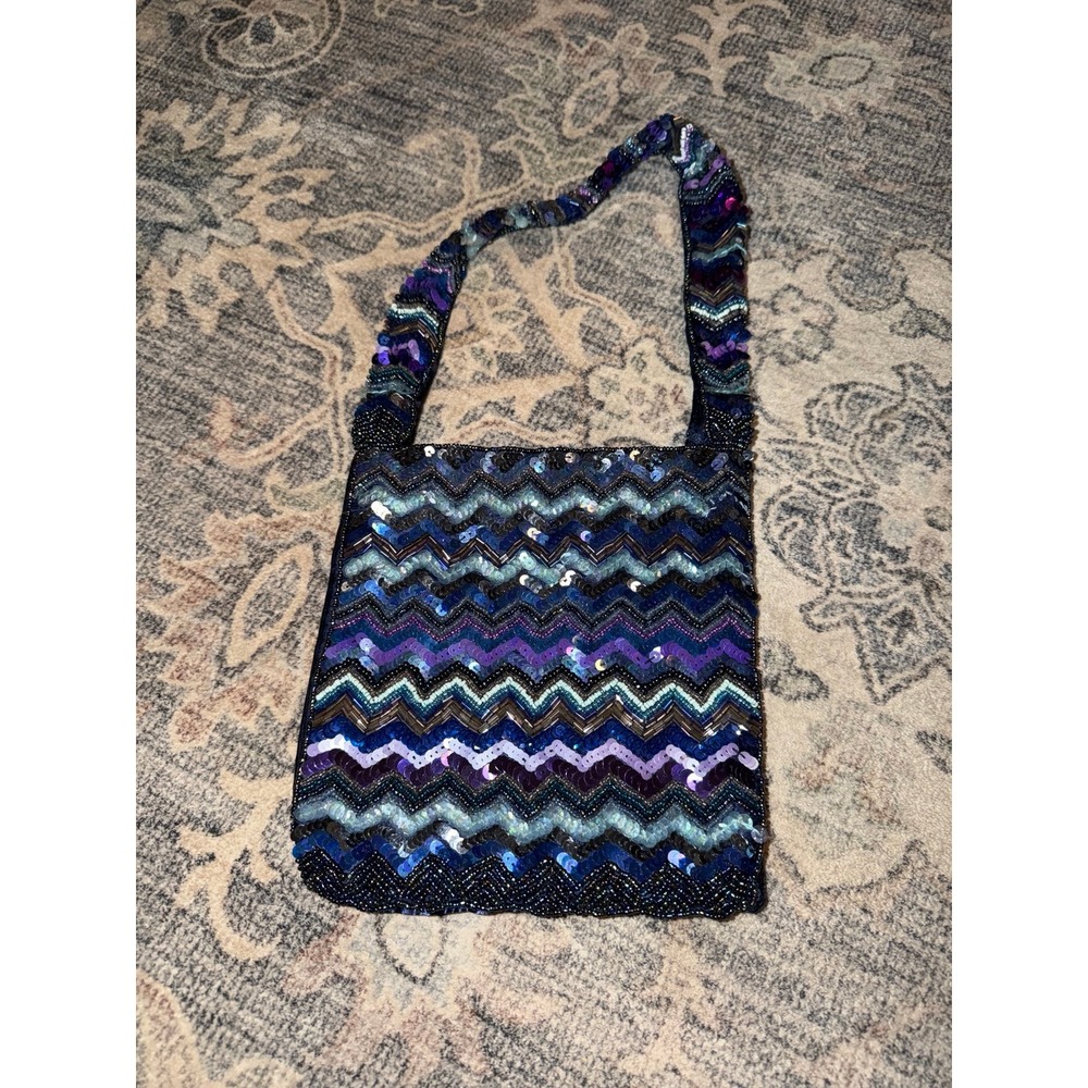 Vintage Beaded Satin Mini Purse Blue Chevron Y2K